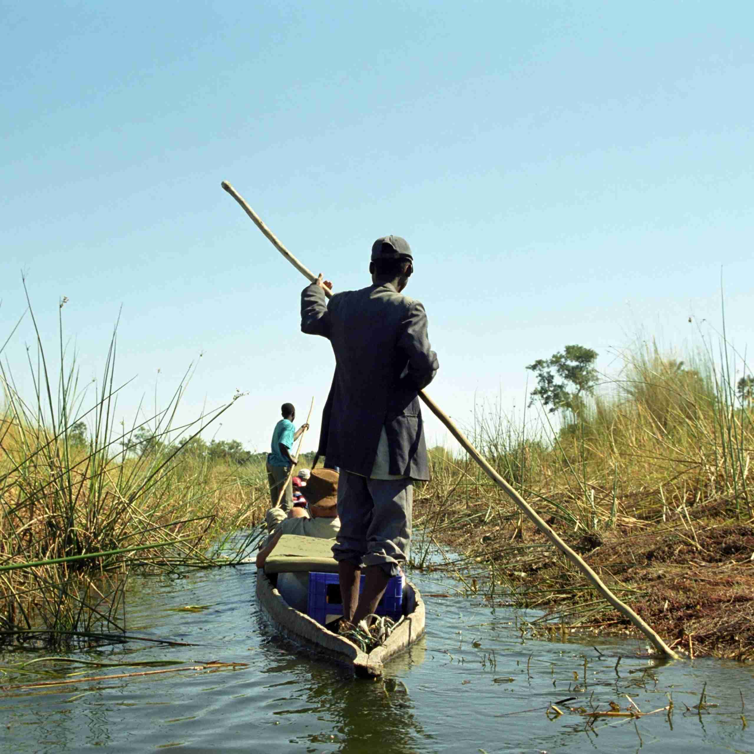 OKAVANGO DELTA, BOTSWANA - MAY 25 Mokoro man on 25 May 2002 at Botswana. Local people use wooden mokoros to transport tourists in the Okavango Delta