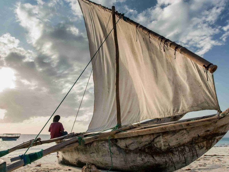 Dhow on beach in Stone Town, Zanzibar Island,Tanzania